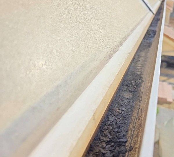 雨樋掃除前　泥や苔が詰まっている軒樋